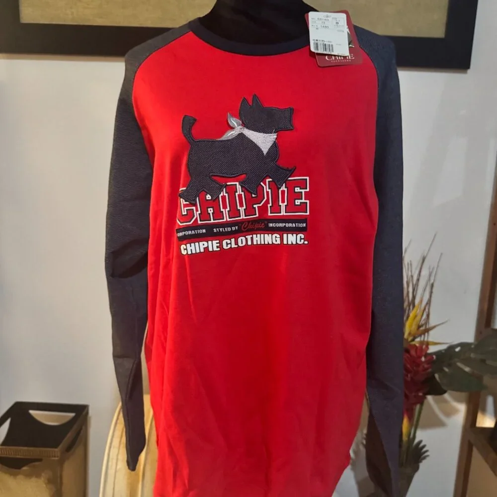 Chipie Red & Navy Long Sleeve Graphic Dog Tee Shirt Men's Small Women's Medium